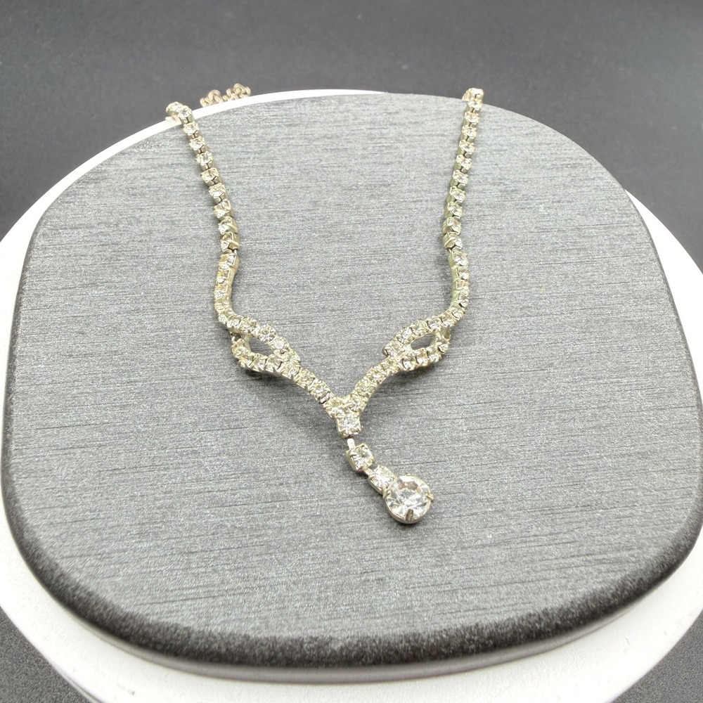 Clear Rhinestone Y Drop Silver Tone Statement Necklace Bridal Wedding Cocktail